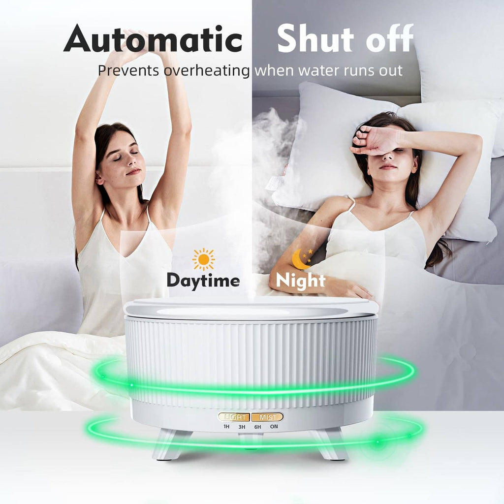 White aromatherapy diffuser with mist stream and remote-style control, on three legs