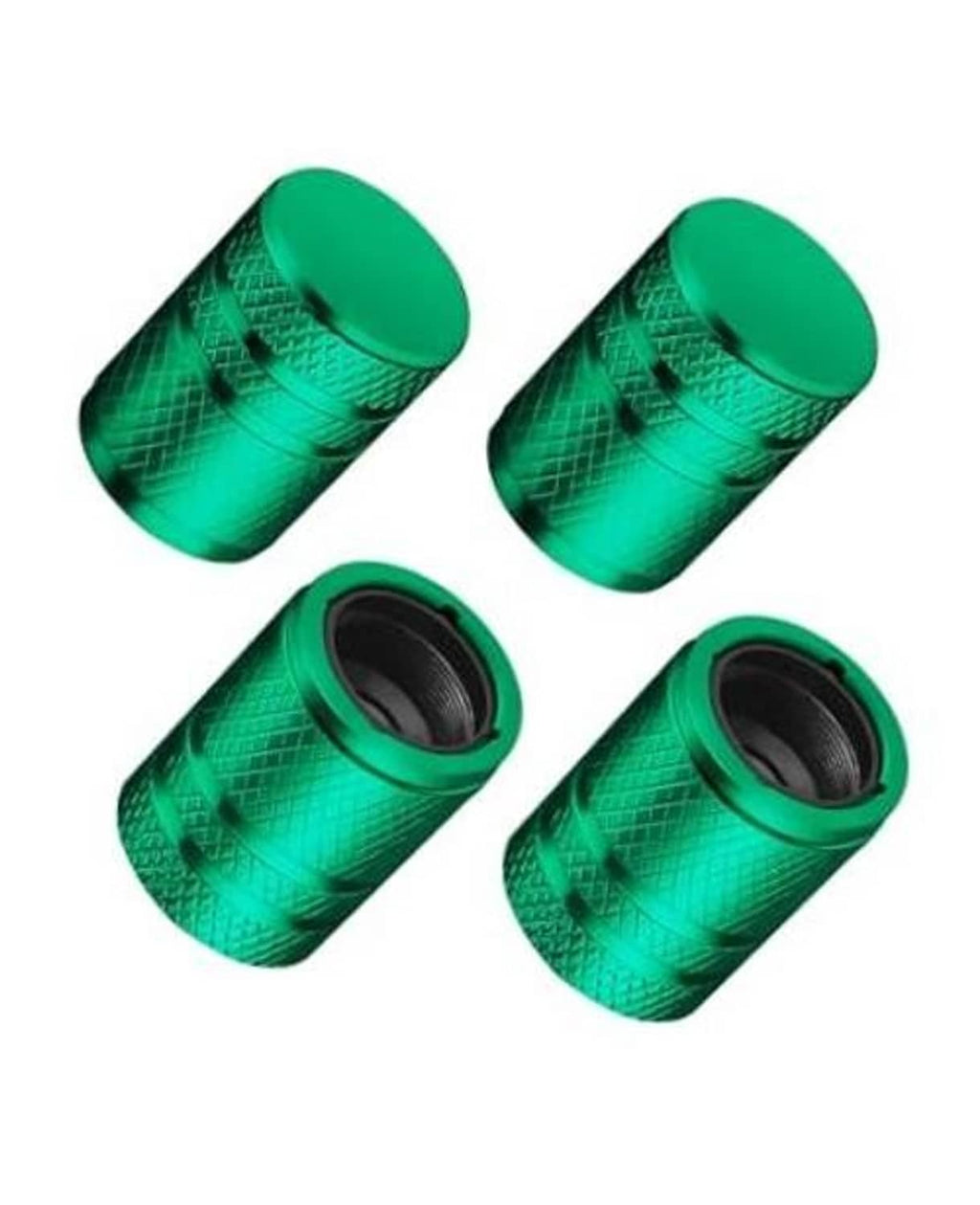 Set of 4 green metal tire valve stem caps with black plastic liner inserts