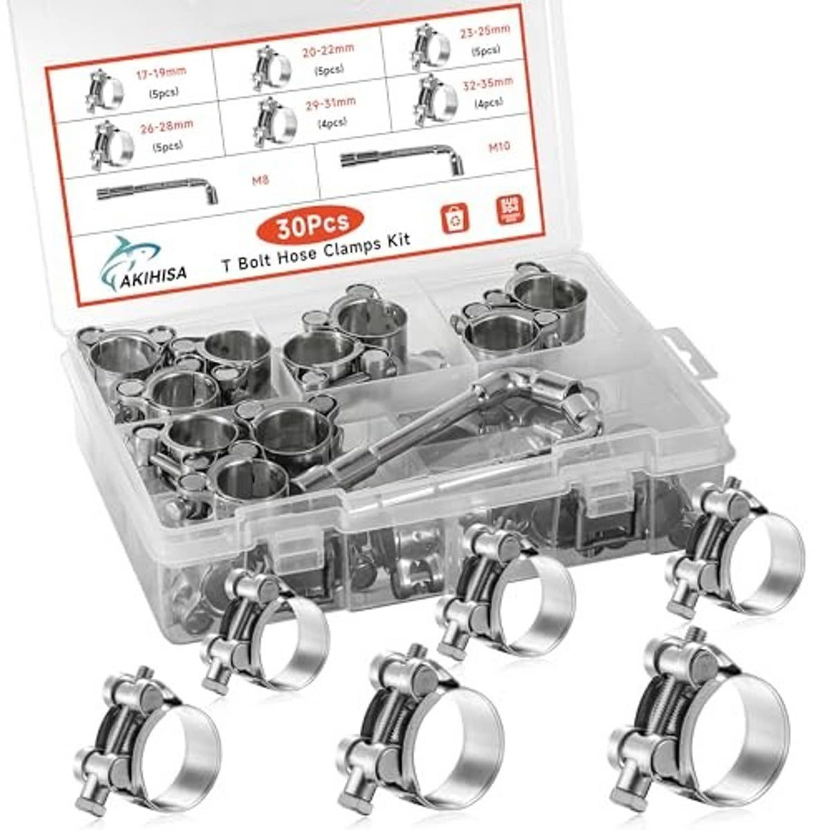 T-bolt hose clamp kit in clear plastic case with several 304 stainless steel clamps
