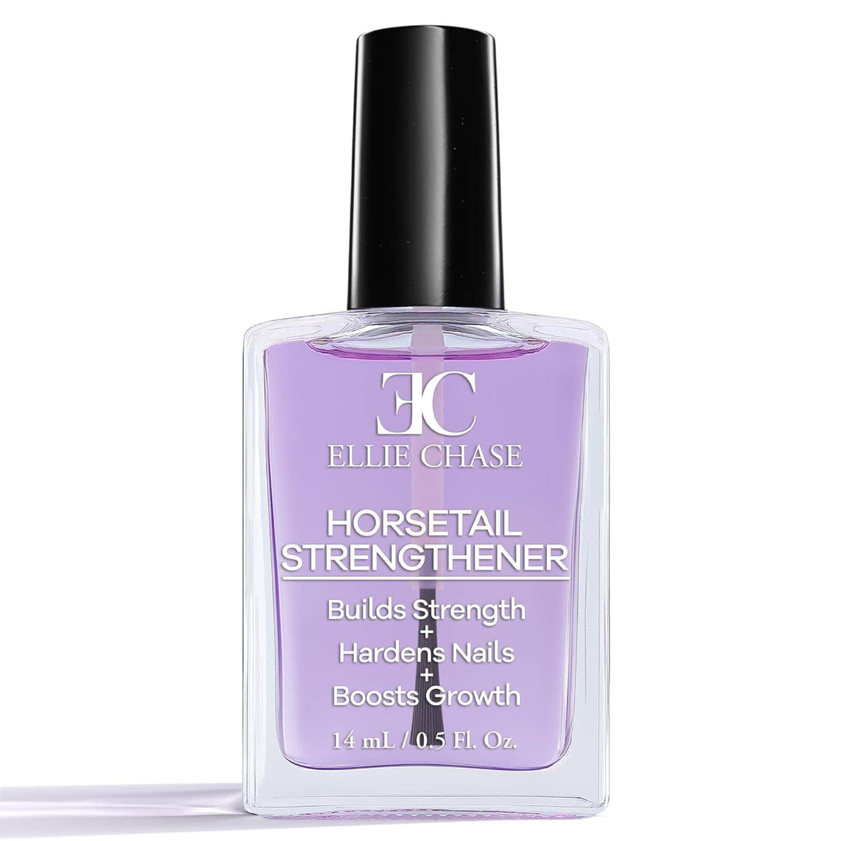 Purple nail strengthener polish bottle with black cap, close-up front