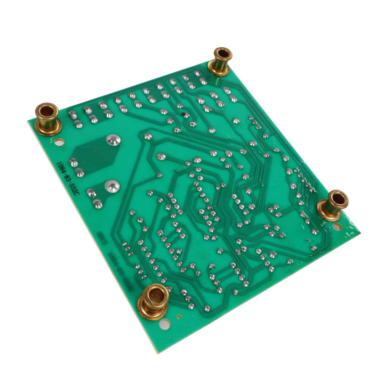 Green printed circuit board back with solder pads and mounting holes
