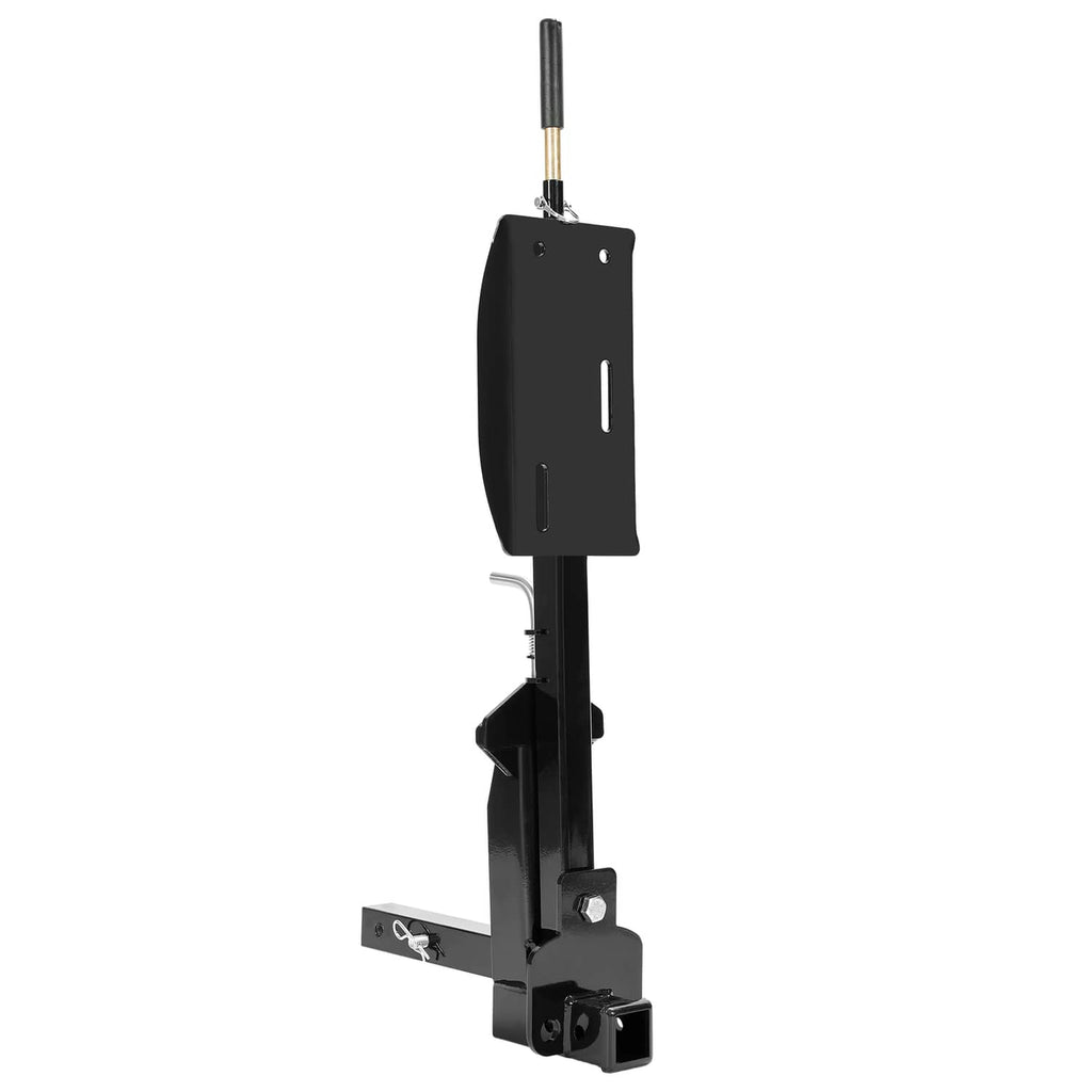 Black RV spare tire carrier assembly with upright plate, side arm, and base mount