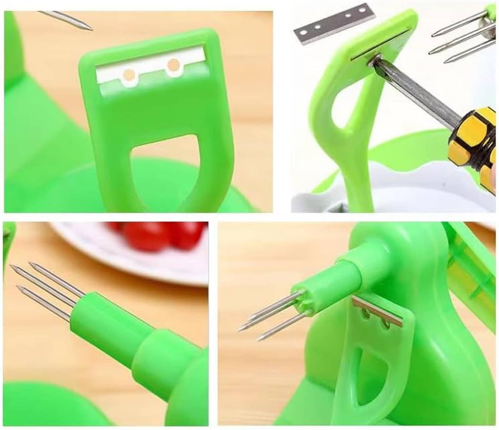 Green apple peeler blade tool with metal scraper strip and pointed tips