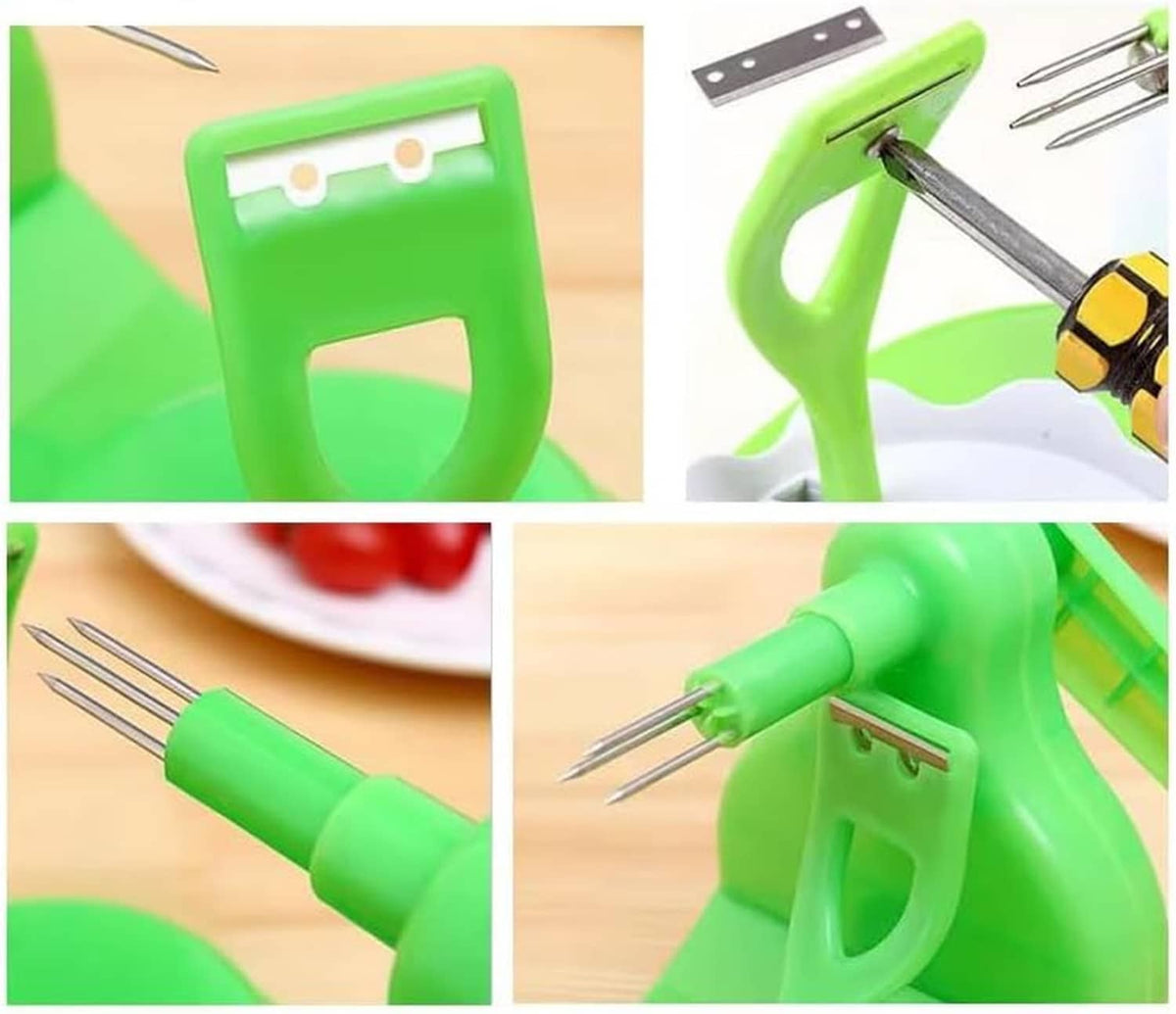 Green apple peeler blade tool with metal scraper strip and pointed tips