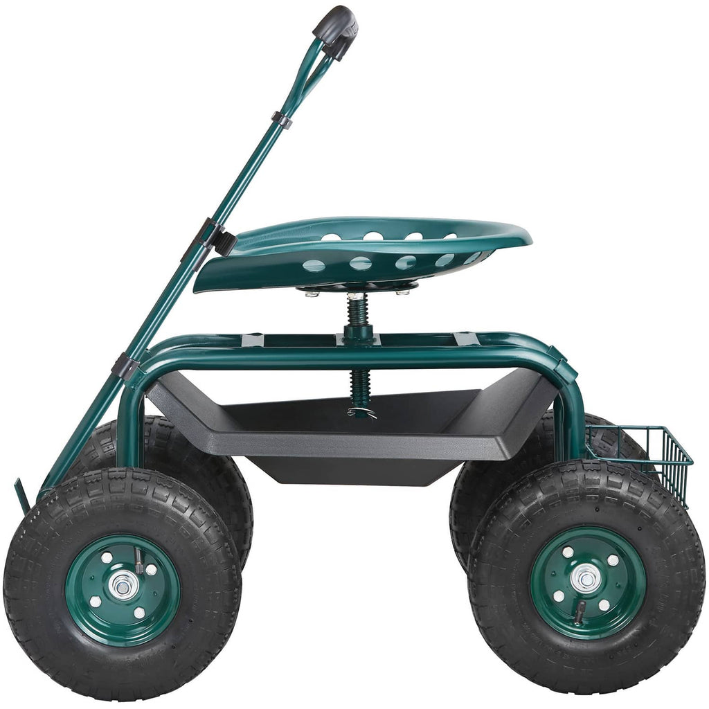 Green garden cart with seat, front dump bin, and large rugged wheels