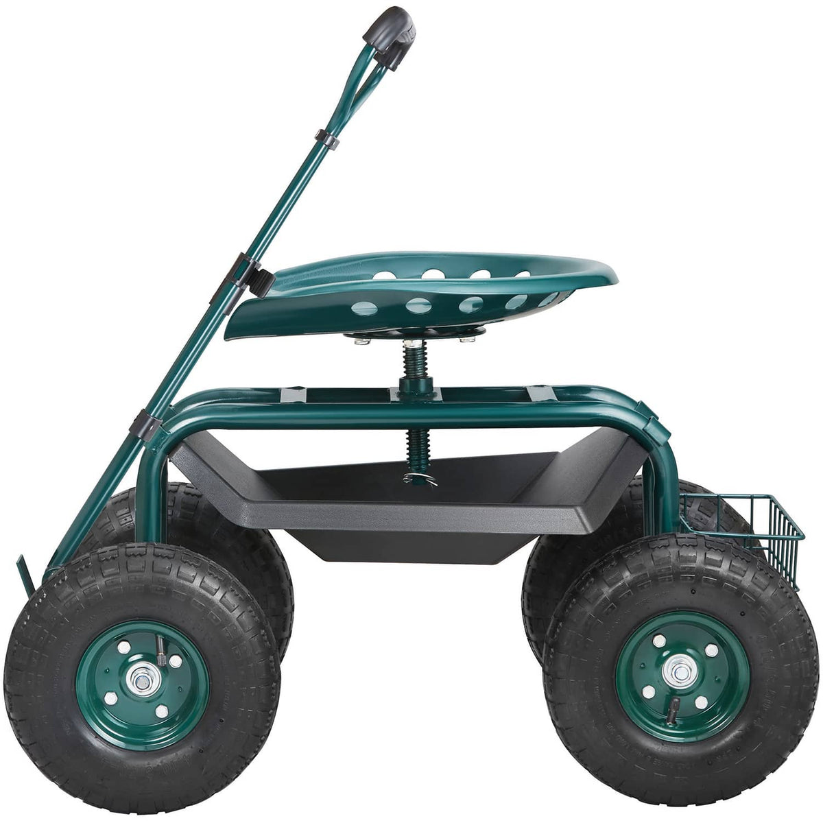 Green garden cart with seat, front dump bin, and large rugged wheels