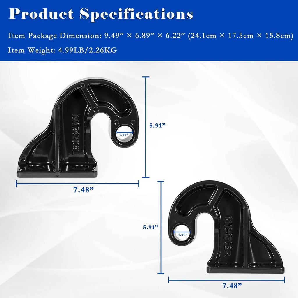 Black lower hood pivot bracket with size diagram and round mounting hole