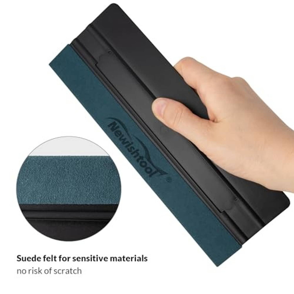 Black vinyl wrap squeegee with teal felt pad for sensitive materials, scratch-safe