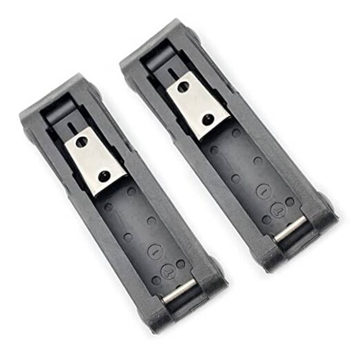 Front storage rack latch brackets, black rubber with metal mounting tabs (2)