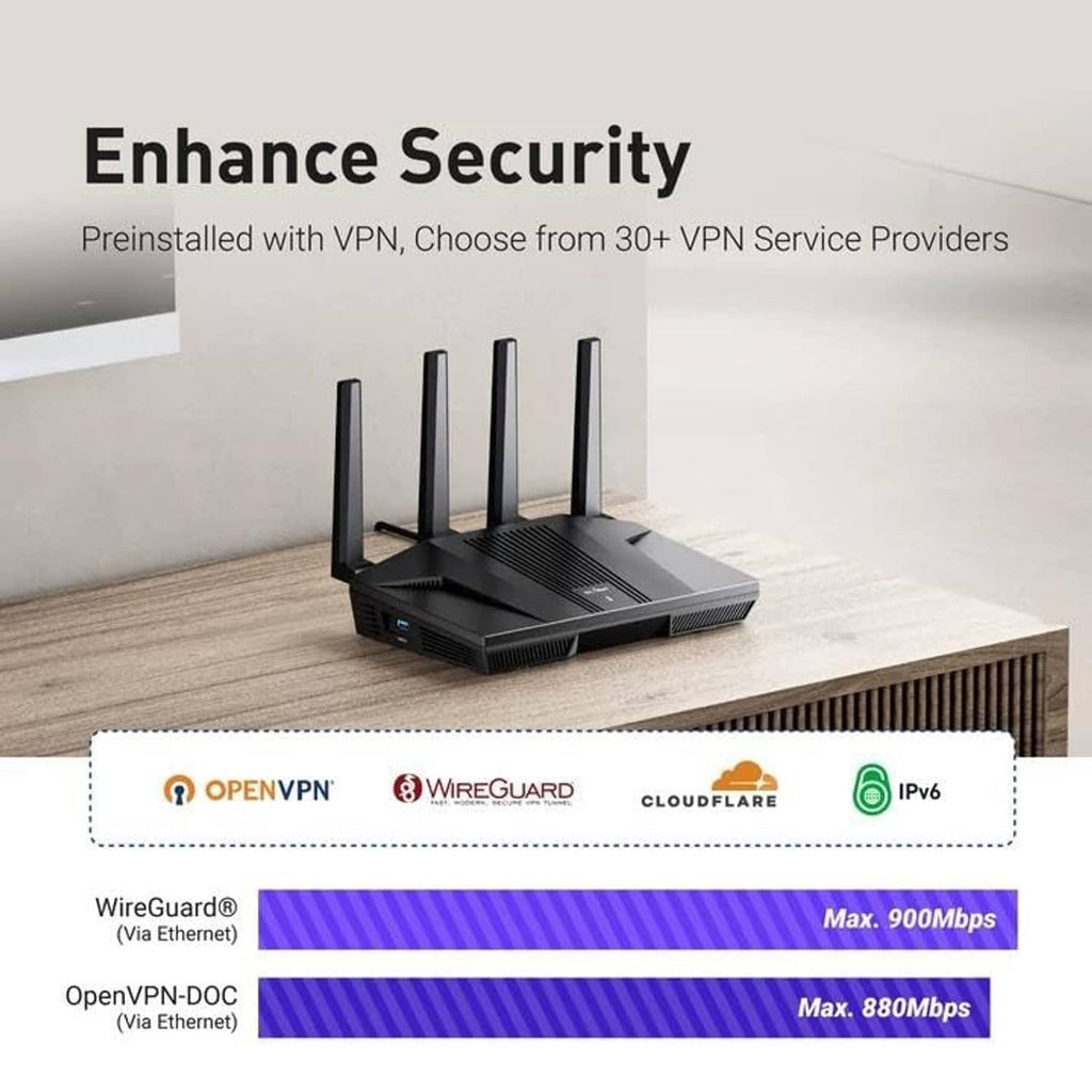 Black Wi-Fi router on desk with four antennas and front panel ports