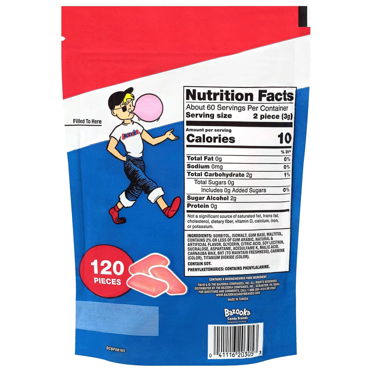 Bazooka sugar-free bubble gum pellets bag back with nutrition facts and 120 pieces