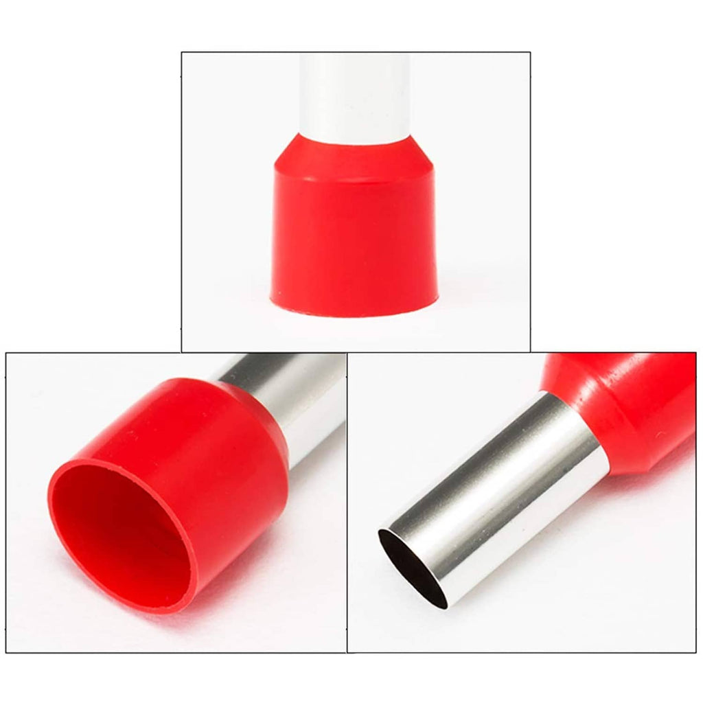 Red insulated ferrule connectors with metal barrel sleeves for wire ends