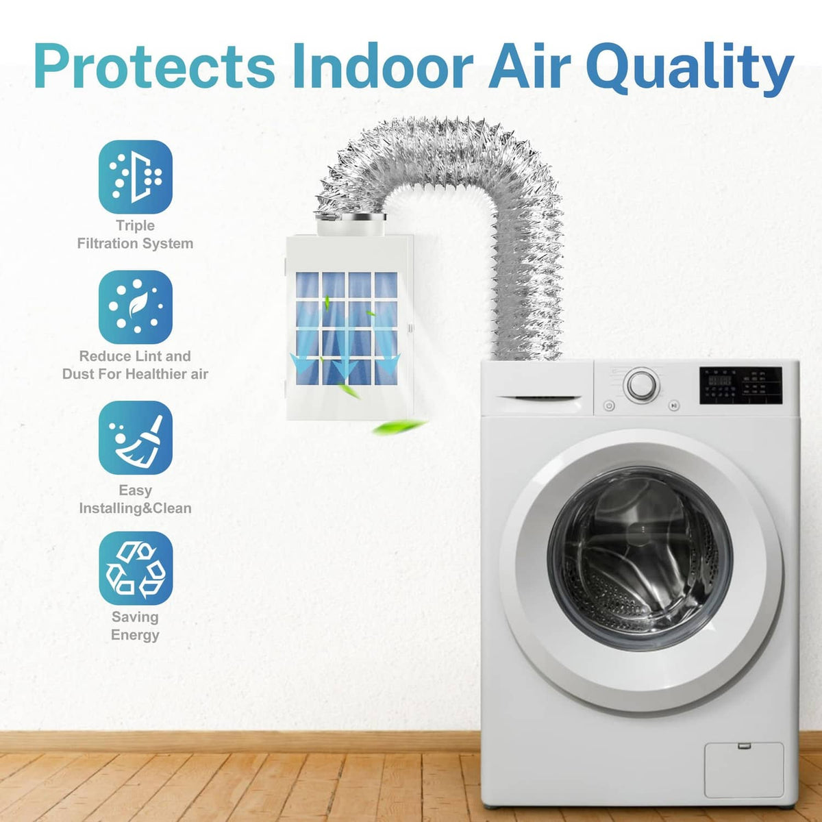 HOOMESUN indoor dryer vent filter box with flexible duct connected to an electric dryer