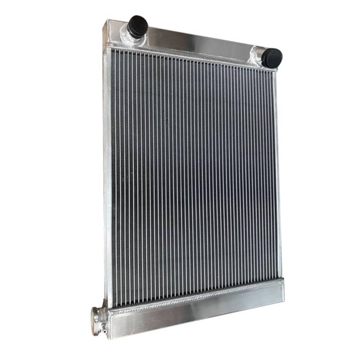 Vertical aluminum racing radiator with black inlet/outlet caps and silver frame