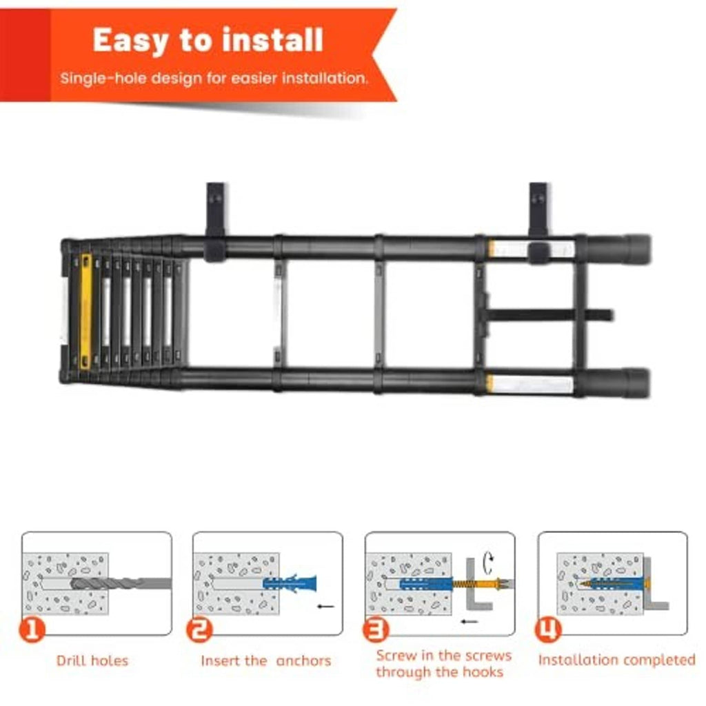 Black multi-hook wall rack installation setup with anchors, screws, and step-by-step placement