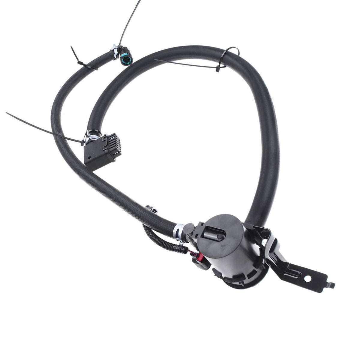 Vapor canister vent solenoid valve with extended black hose loop and wiring connectors