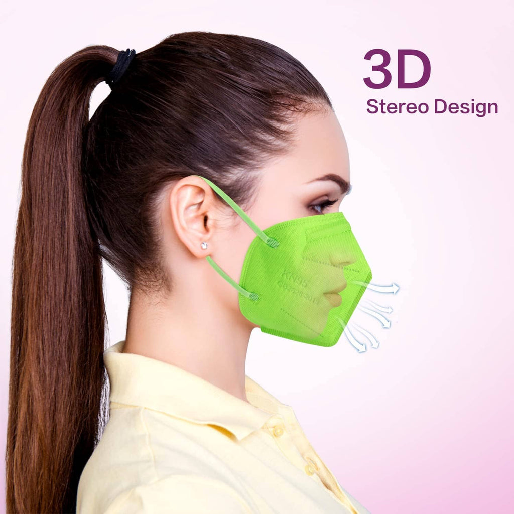 Green 3D contoured KN95 face mask with ear loops, side view