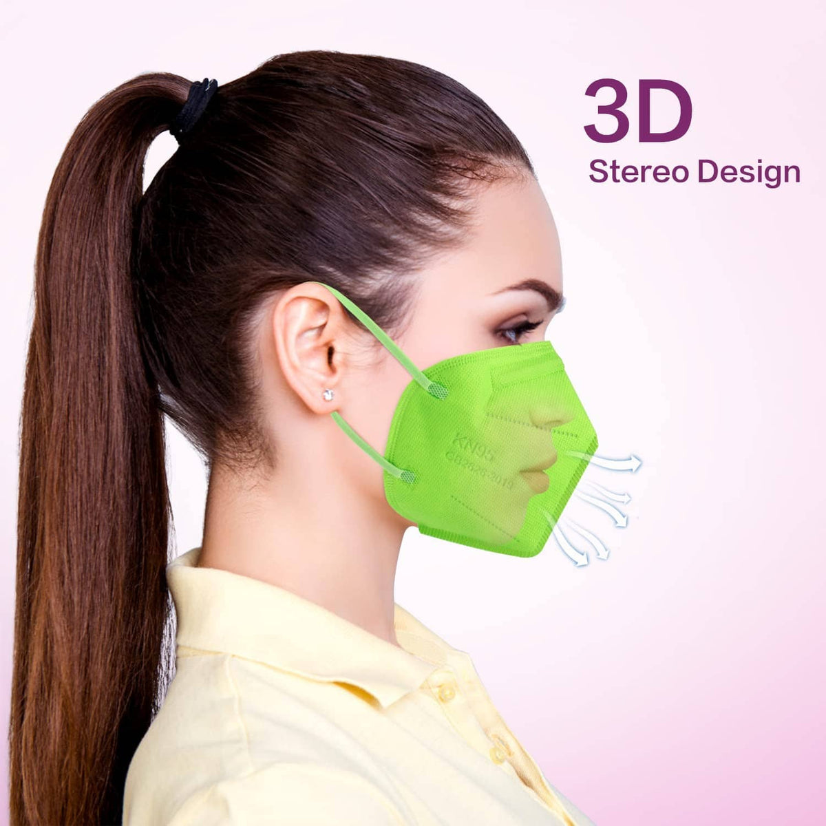 Green 3D contoured KN95 face mask with ear loops, side view