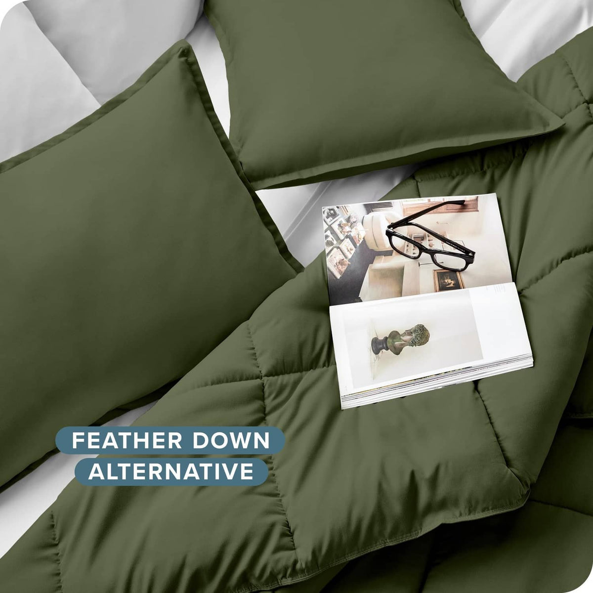 Quilted cypress green down-alternative comforter with stitched edge and corner