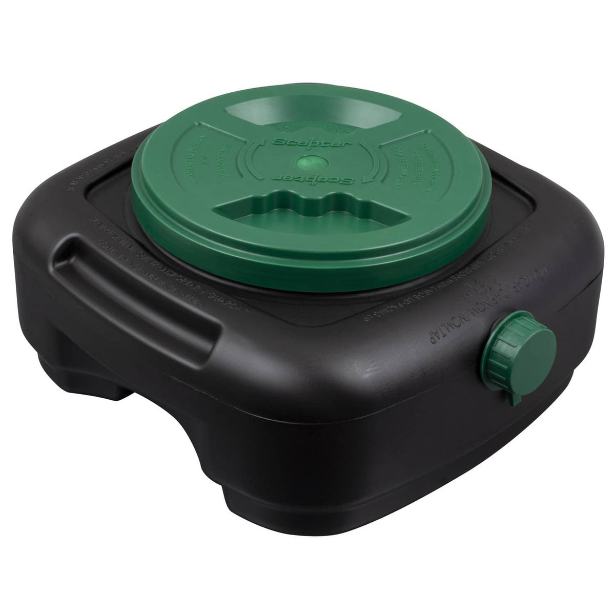 Black oil drain pan with green lid and quart filter top