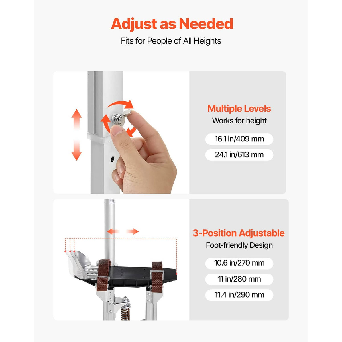 Height-adjustable drywall stilts with locking pins and three-position design