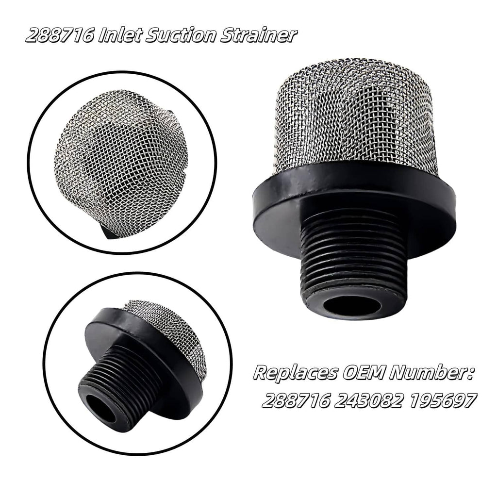 Inlet suction strainer with silver metal mesh screen and black threaded fitting base