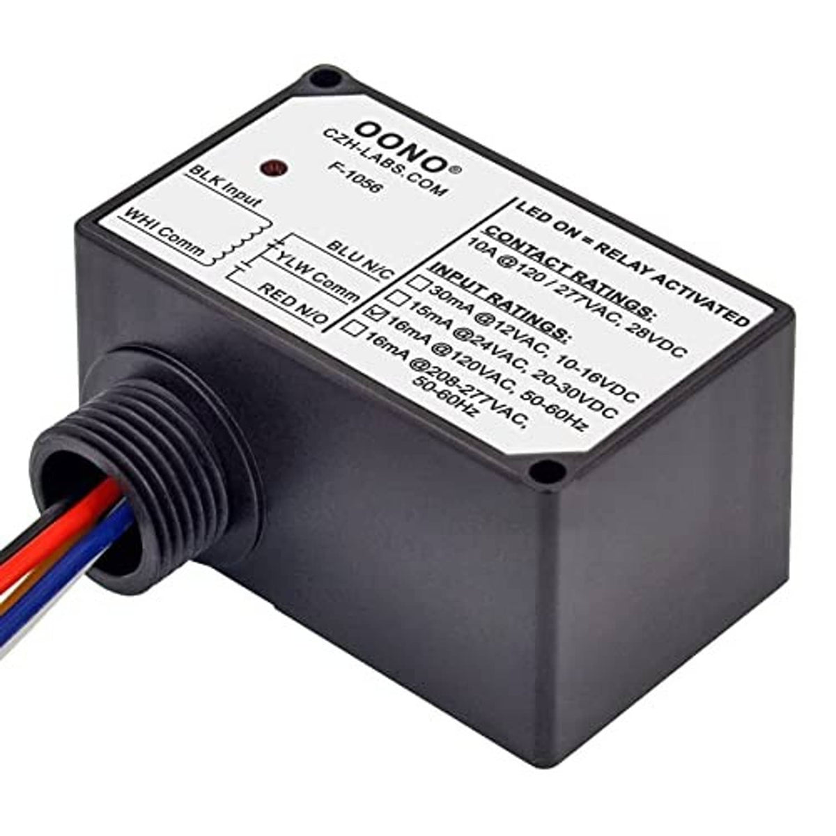 Power relay module with black plastic enclosure, printed ratings label, and cable leads.