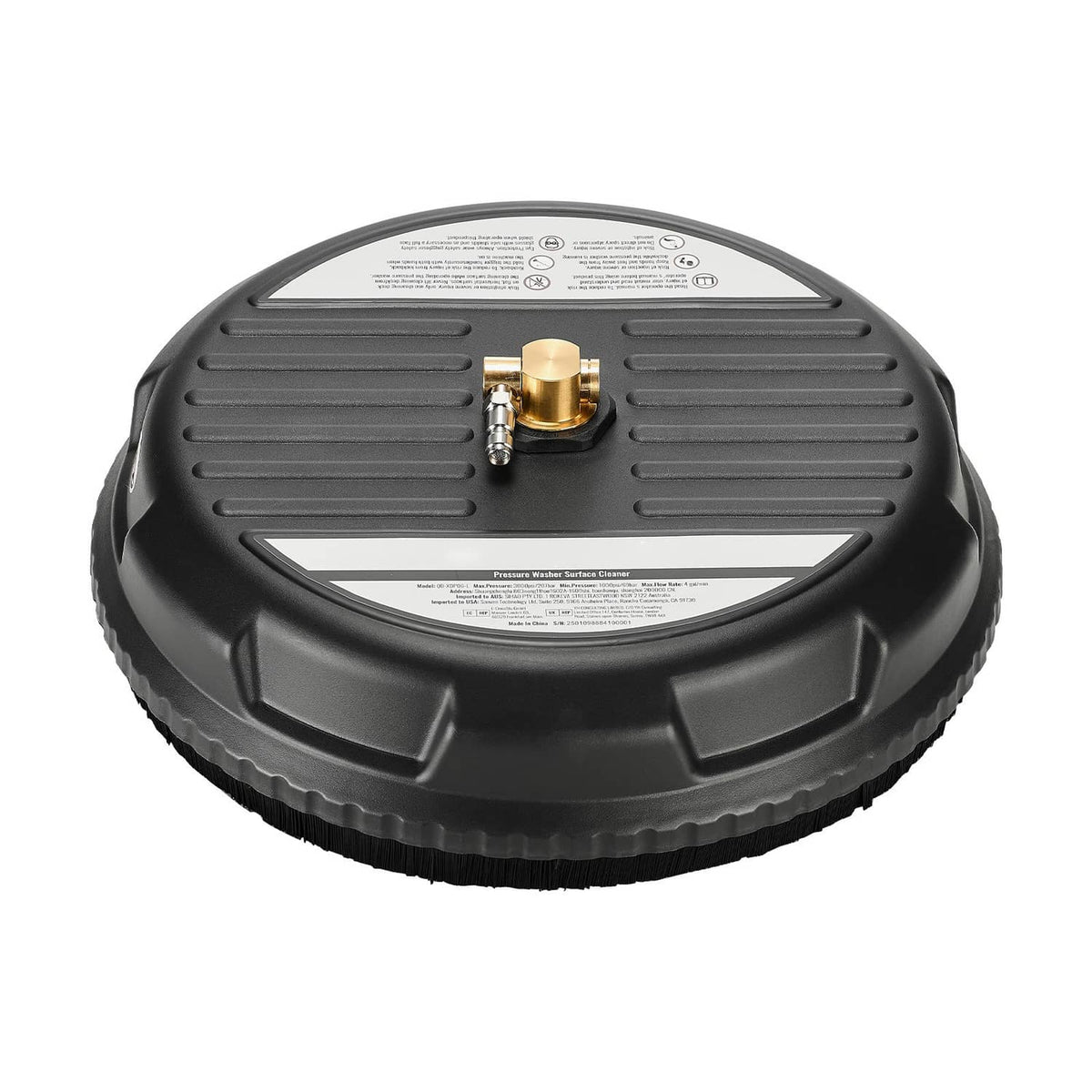 Black 15 in pressure washer surface cleaner with brass inlet fitting and rotating nozzles