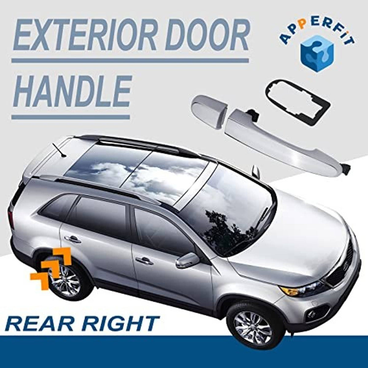 Chrome rear right exterior door handle with black gasket pad and mounting piece