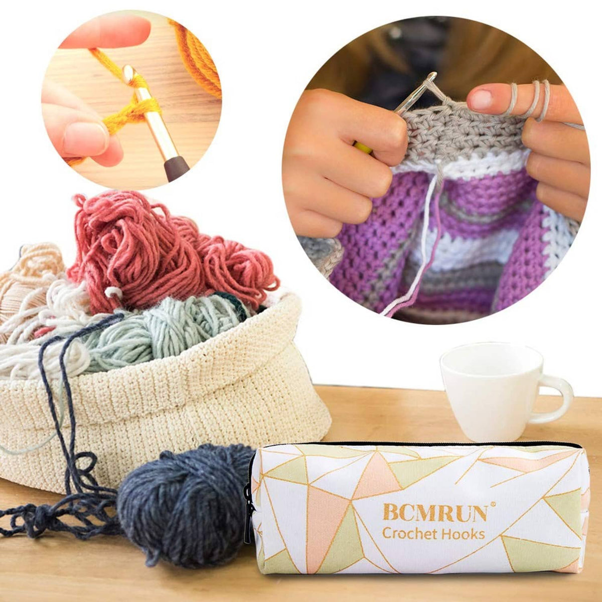 Crochet hooks with yarn projects and BCMRUN zip case on table