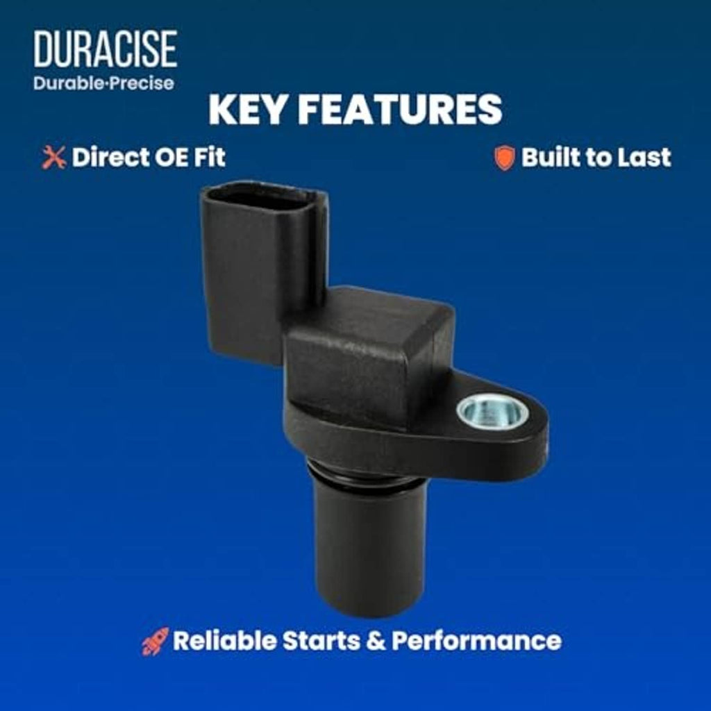 Black camshaft position sensor with side bracket, metal insert, and cylindrical body