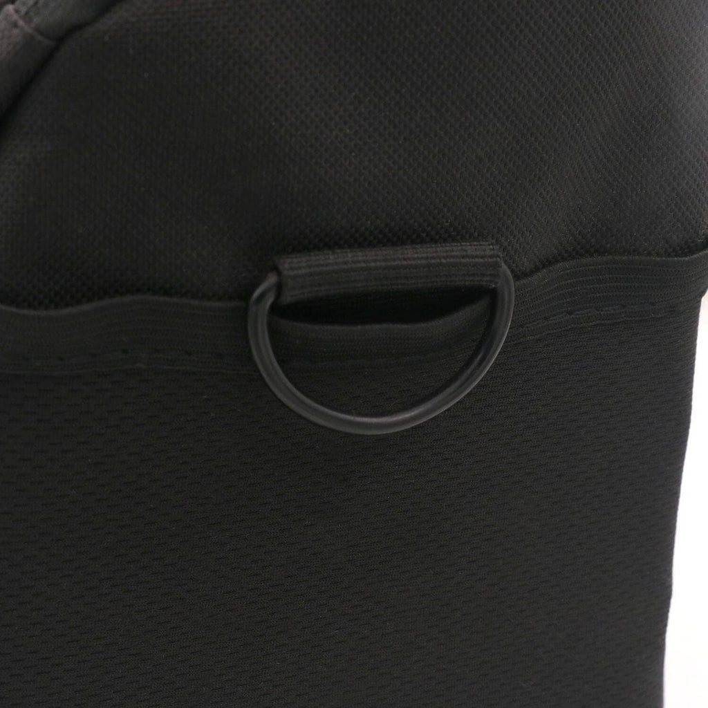 Black D-ring buckle stitched to fabric, U-shaped non-welded metal loop