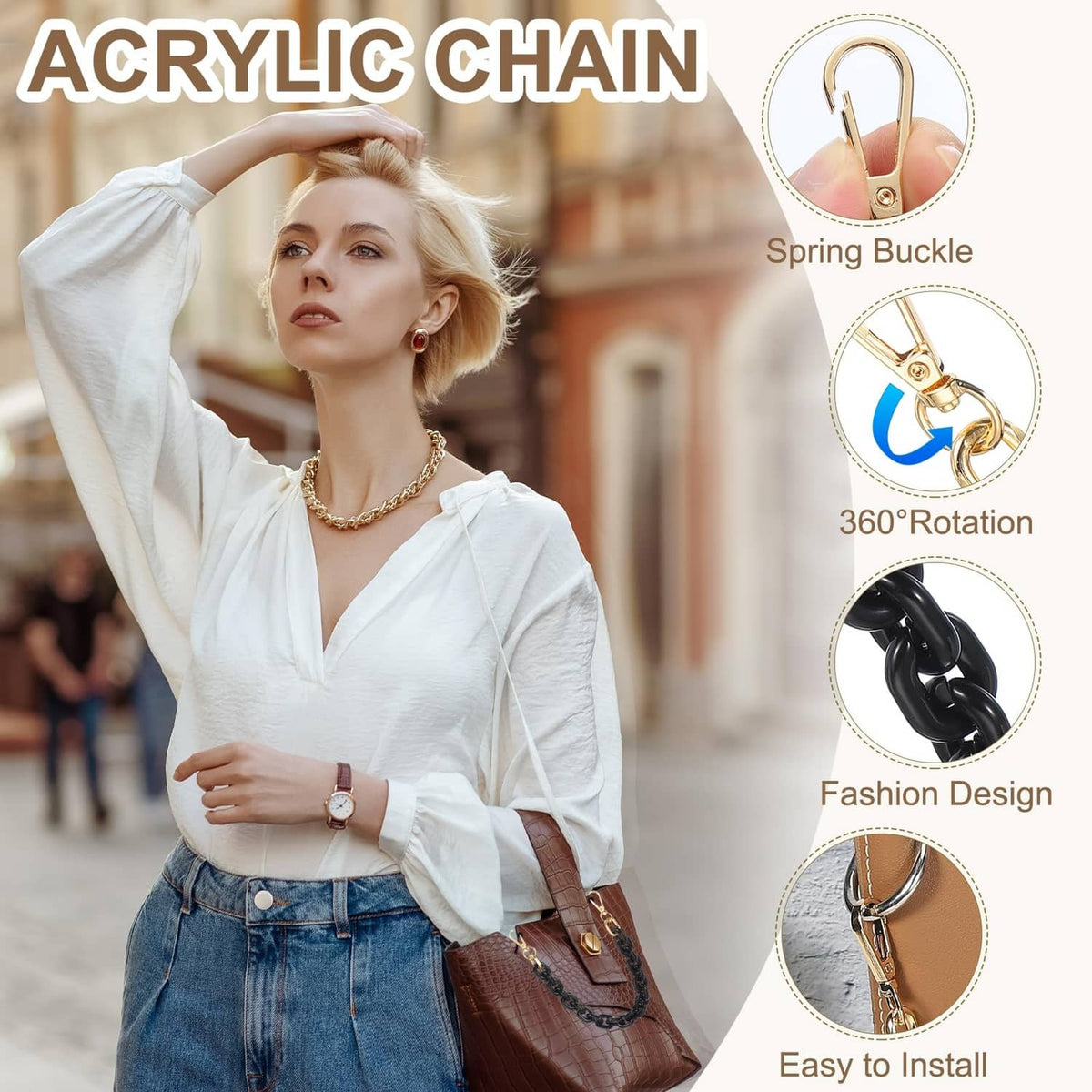 Blue acrylic chain purse strap with spring buckle clips and gold-tone end loops