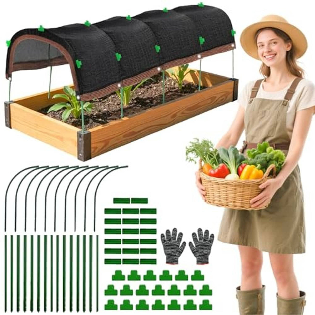 Garden shade cloth hoop tunnel with black cover and wooden frame, shown with parts