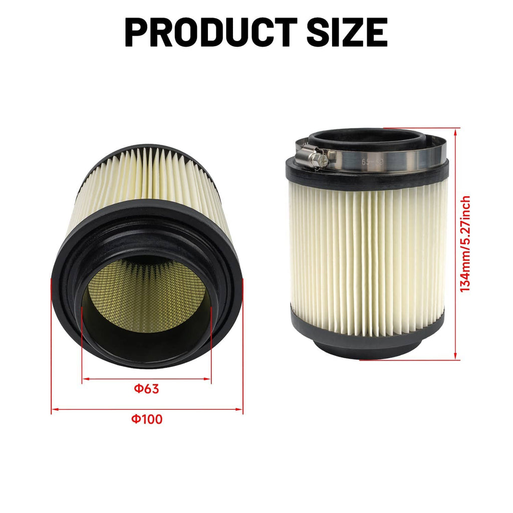 Air filter cartridge with foam sleeve and pleated paper element, shown with size diagram