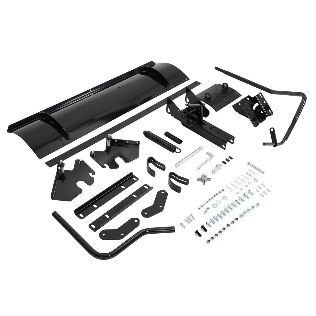 Snow blade plow attachment parts laid out, including blade, brackets, handle, and hardware