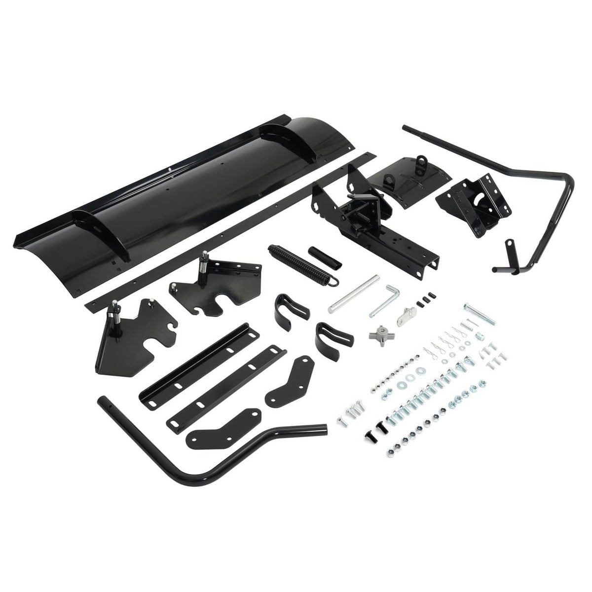 Snow blade plow attachment parts laid out, including blade, brackets, handle, and hardware