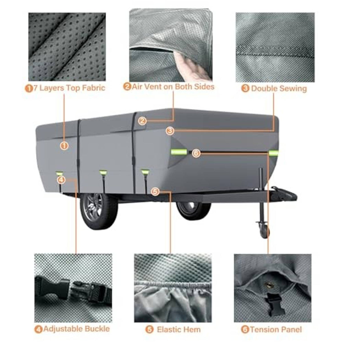 Gray pop-up camper cover with air vents, adjustable buckles, elastic hem, tension panel