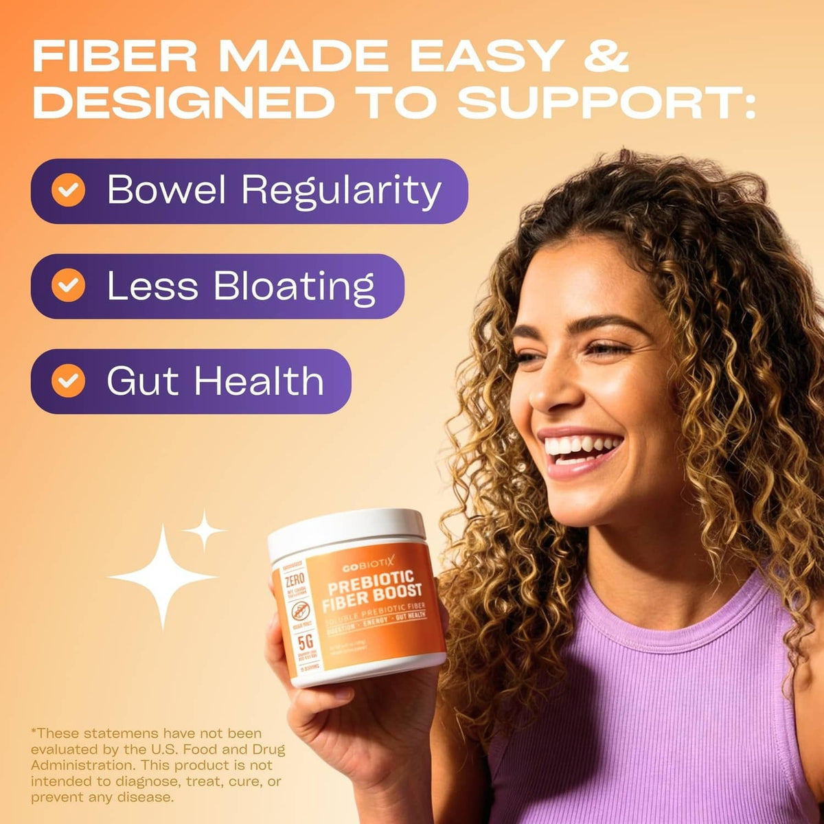 Prebiotic fiber supplement jar held by smiling person, support benefits icons