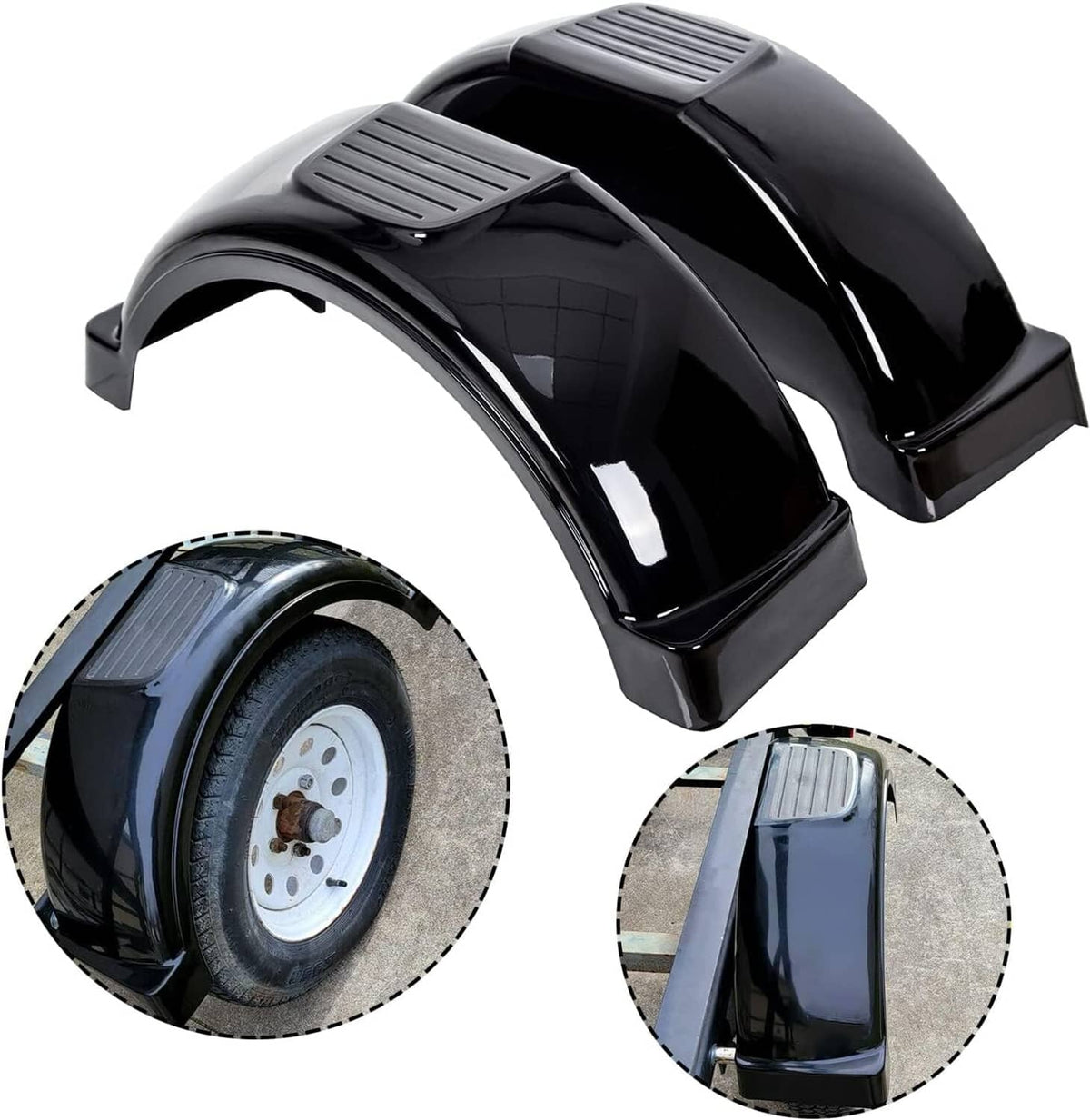 Pair of glossy black trailer fenders with ridged step surfaces and curved wheel coverage