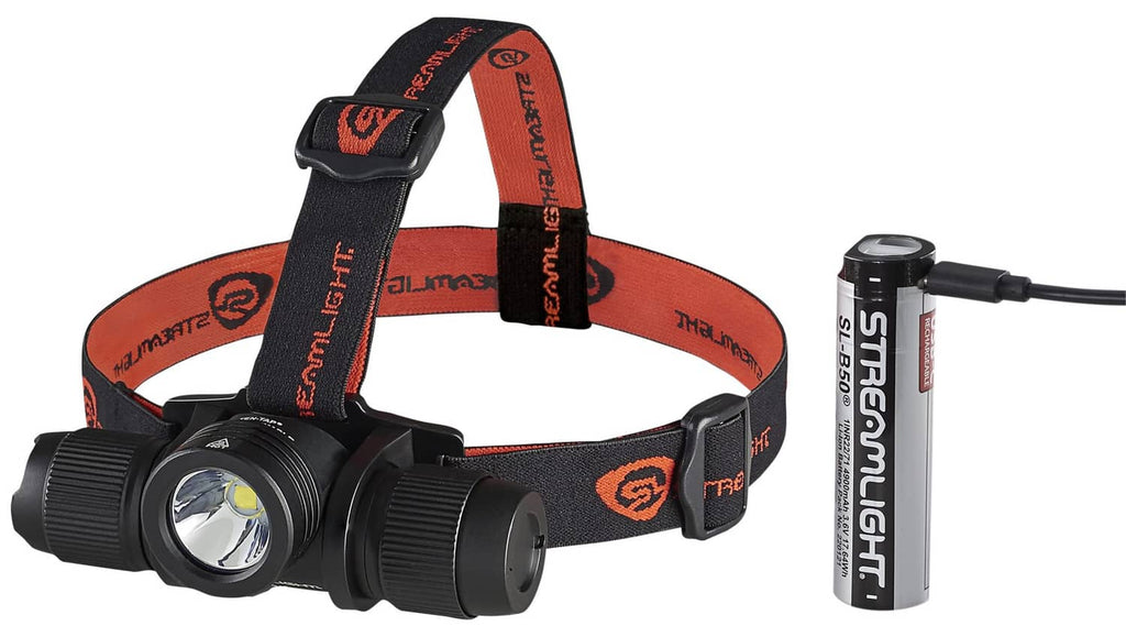 Streamlight black headlamp with orange strap and included Streamlight battery