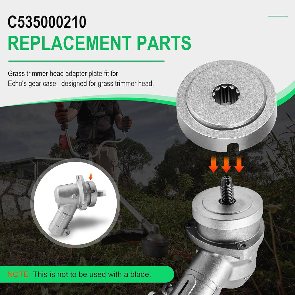 Grass trimmer adapter plate with small mounting piece and threaded stud detail