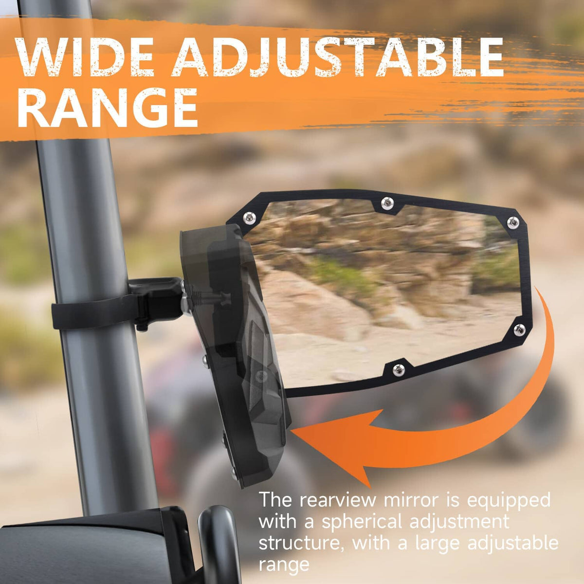 Wide-adjustable UTV side mirror on a roll bar with locking bracket and clear lens