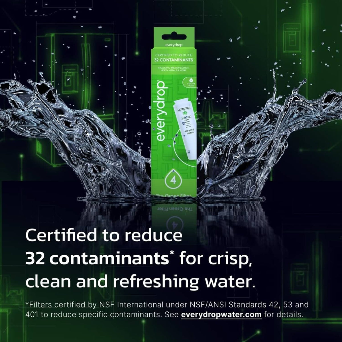 Green and white everydrop refrigerator water filter cartridge packaging