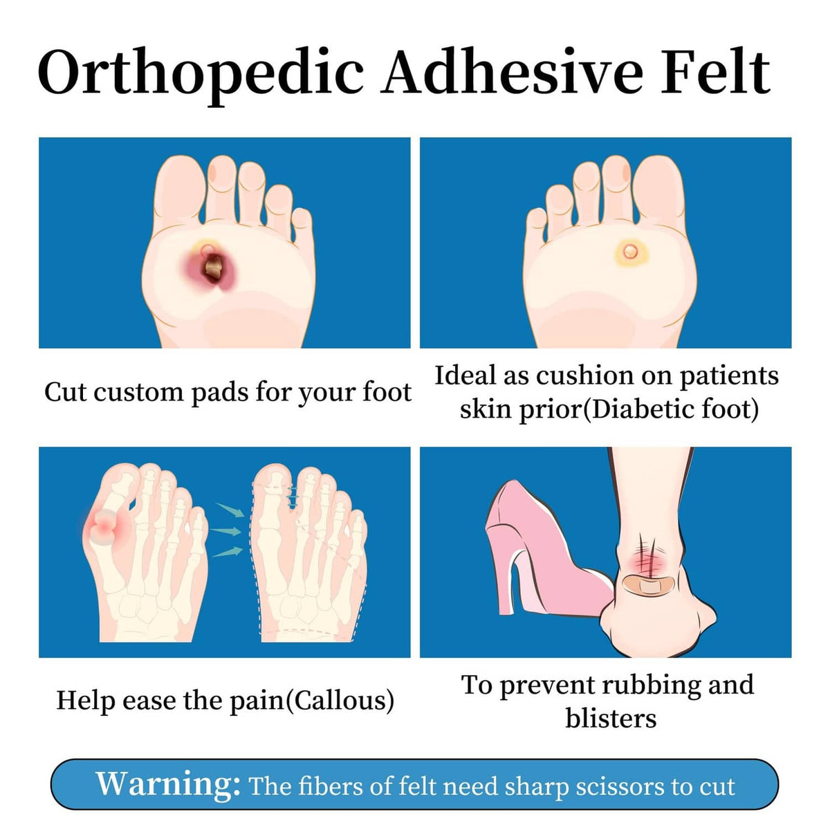 White orthopedic adhesive felt shown as custom cut pads for feet and insole cushioning.