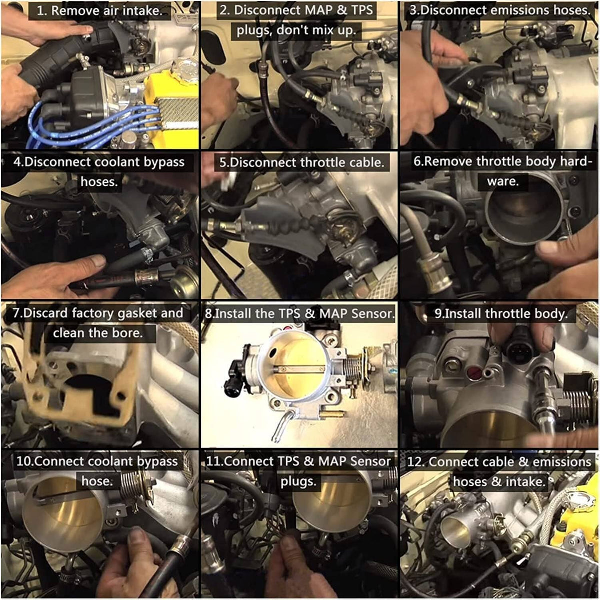 Throttle body installation steps showing TPS and MAP sensor connection locations