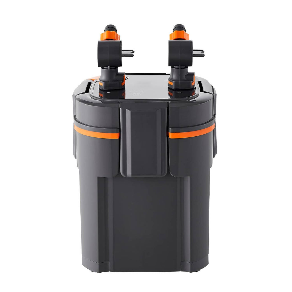 External aquarium filter canister with dual top nozzles and orange accent band