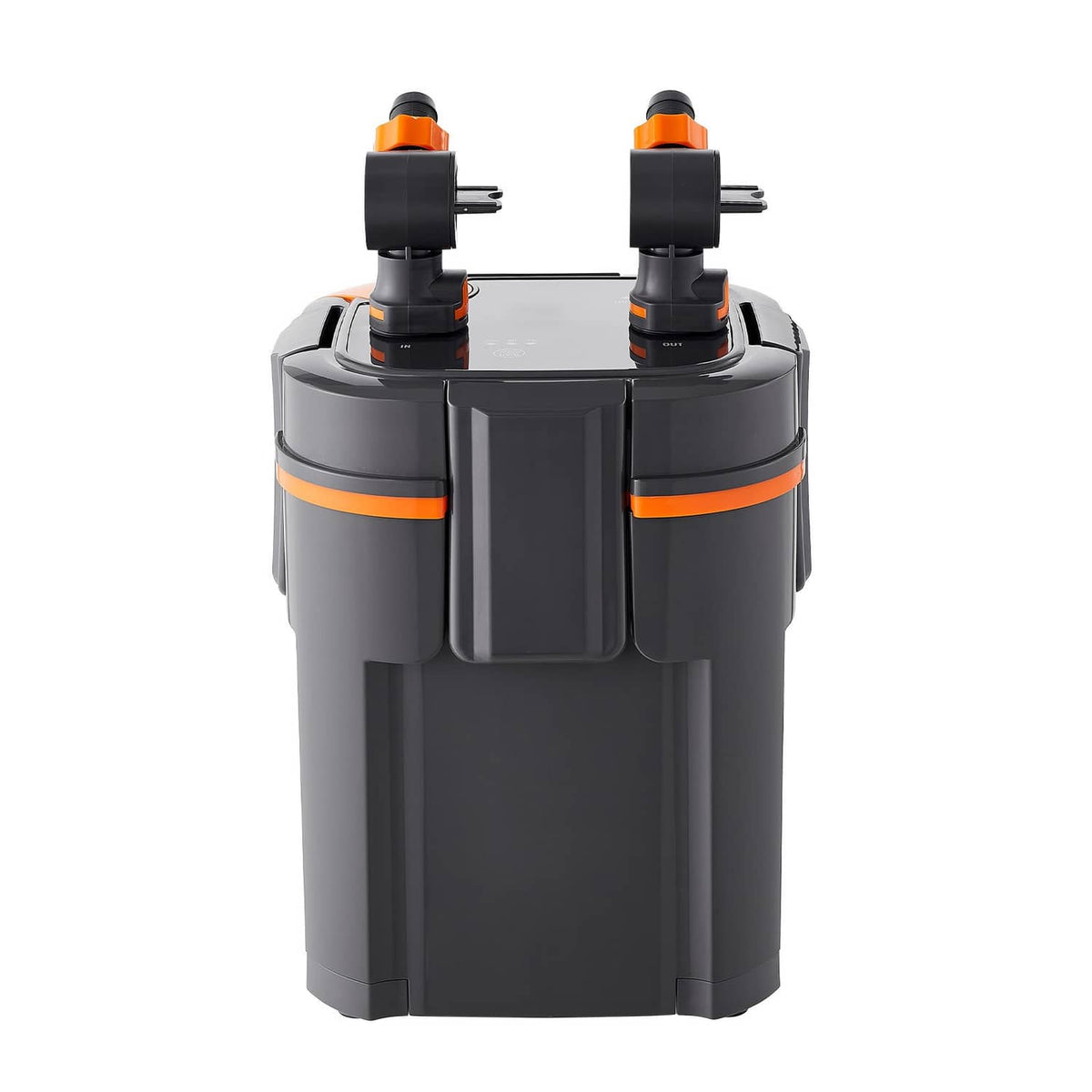 External aquarium filter canister with dual top nozzles and orange accent band