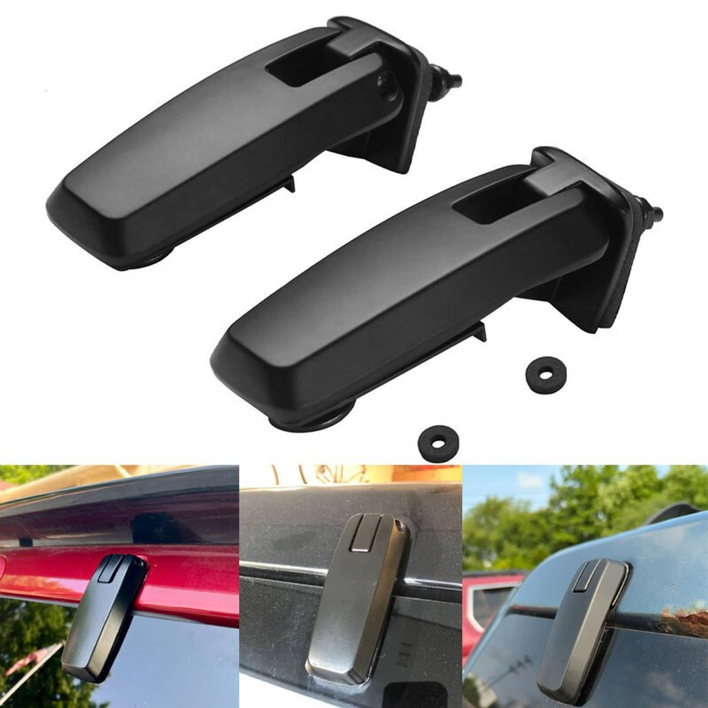 Black liftgate window hinge pair with mounting clips and screws, angled product view