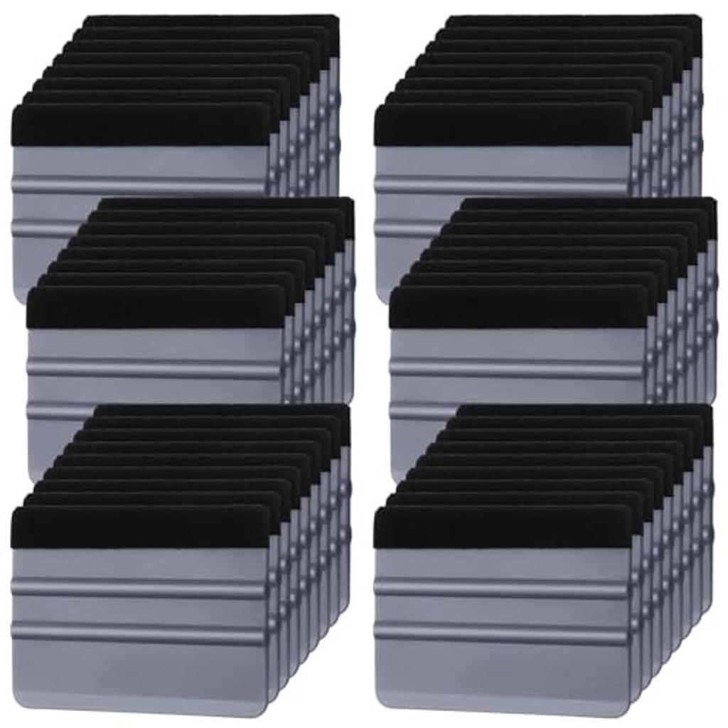 Stacked gray felt-edge vinyl squeegees with ribbed plastic handles (set of 50)